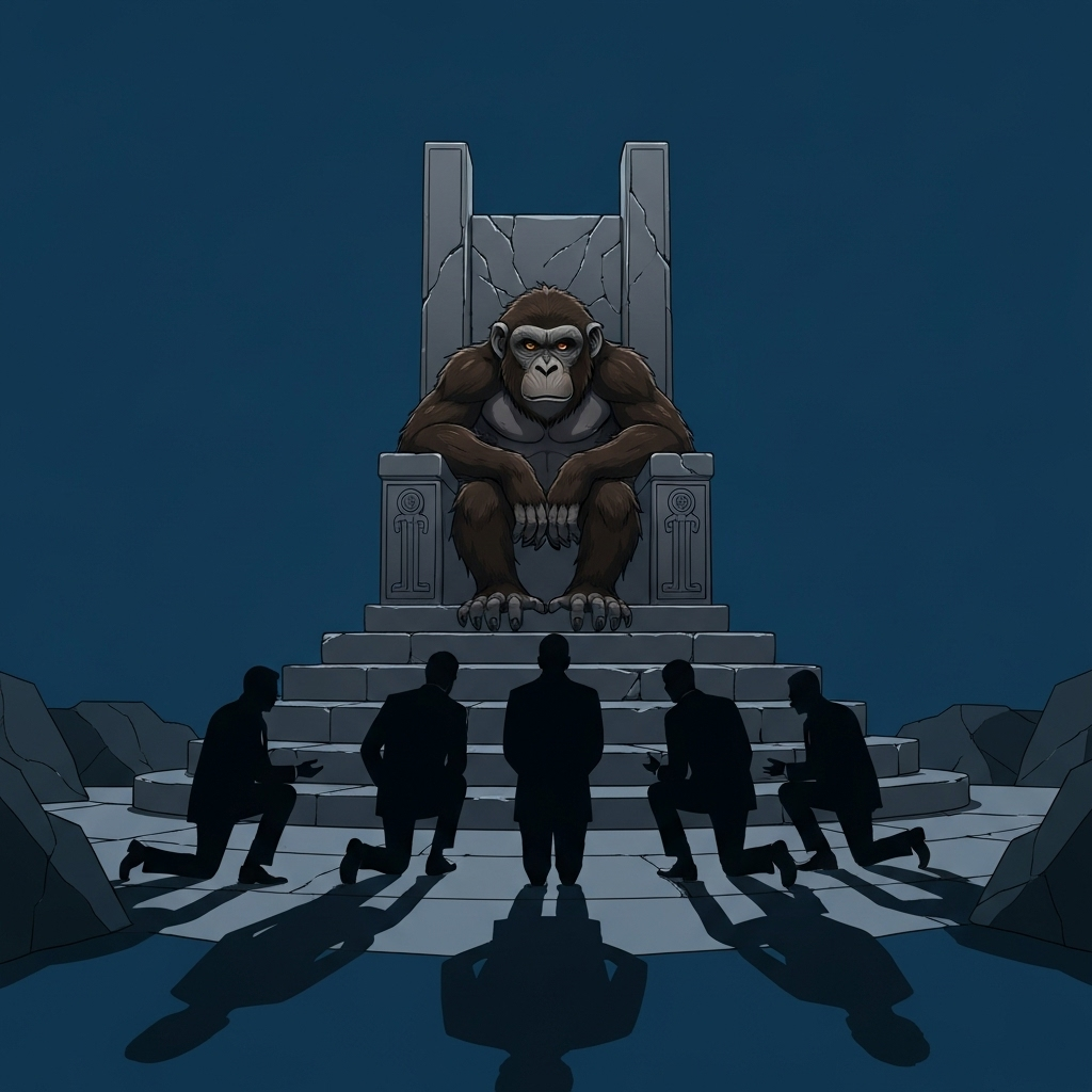 Billionaire silhouettes kneeling before ape throne
