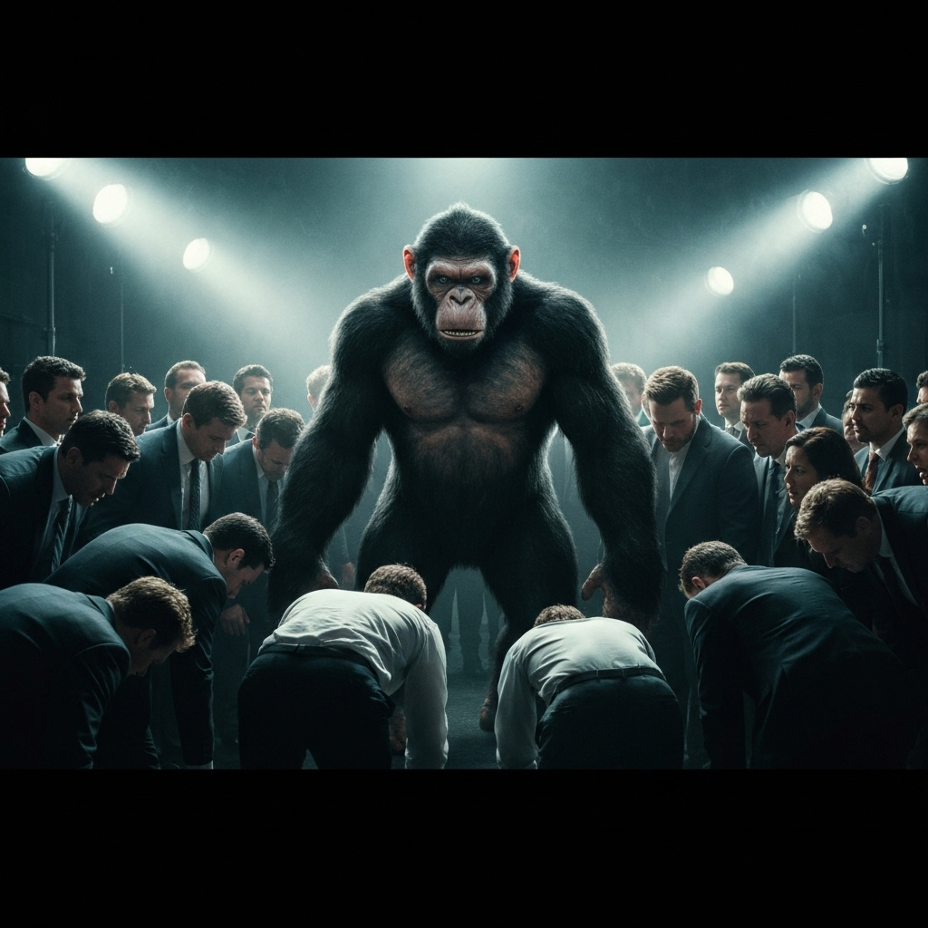Crowd bowing before the new mafia ape ruler