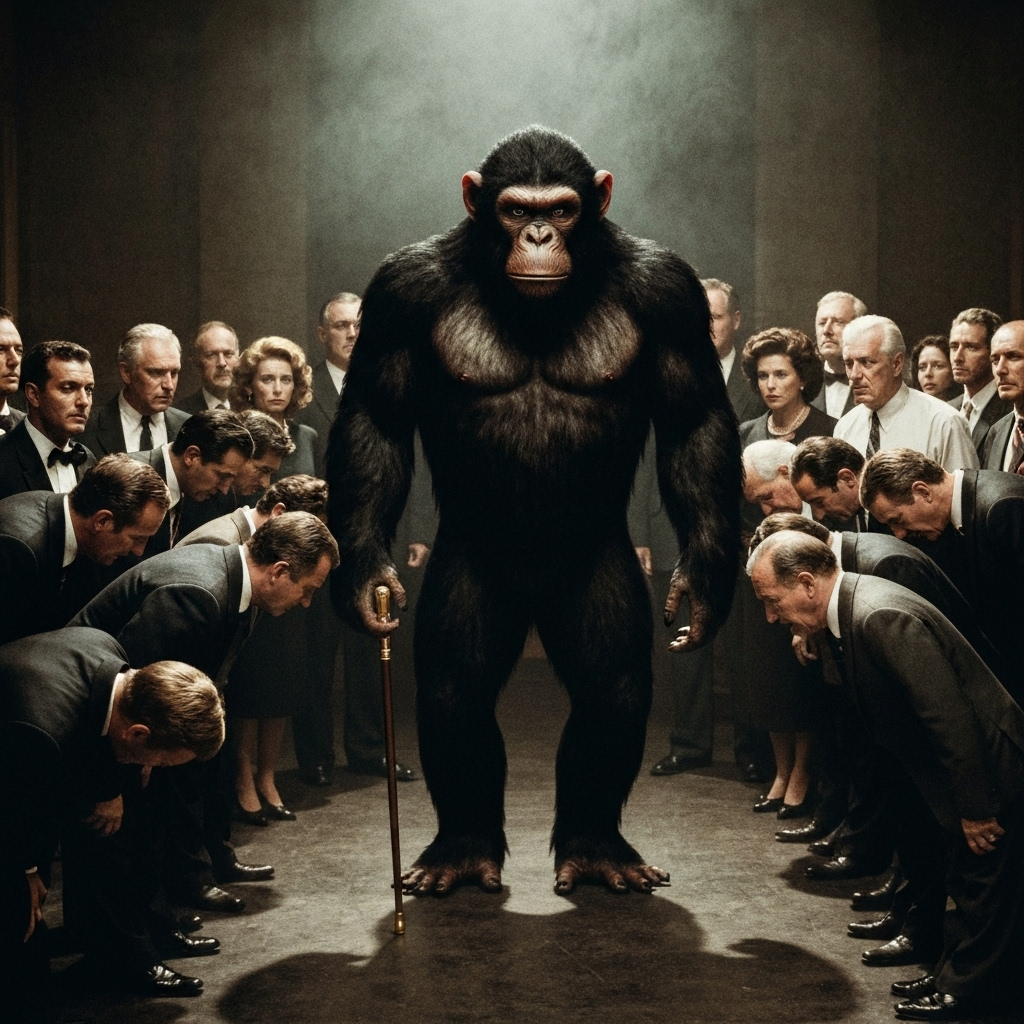 Crowd of people bowing to mafia ape king