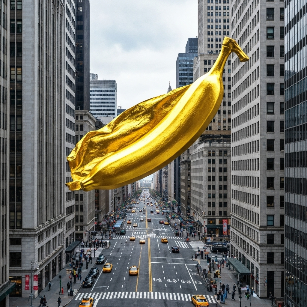 Golden banana flag waving over Wall Street buildings