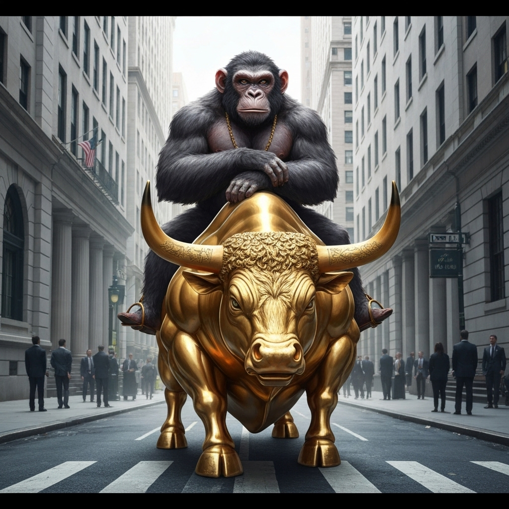 Mafia ape riding golden bull through Wall Street