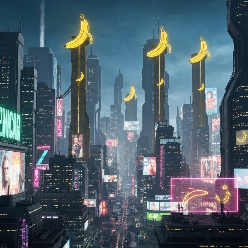 Neon-lit futuristic skyline of the new ape empire